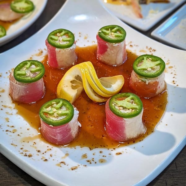 Six Sake Sushi rolls with tuna, white fish, jalapeños, and lemon slices in a savory sauce.